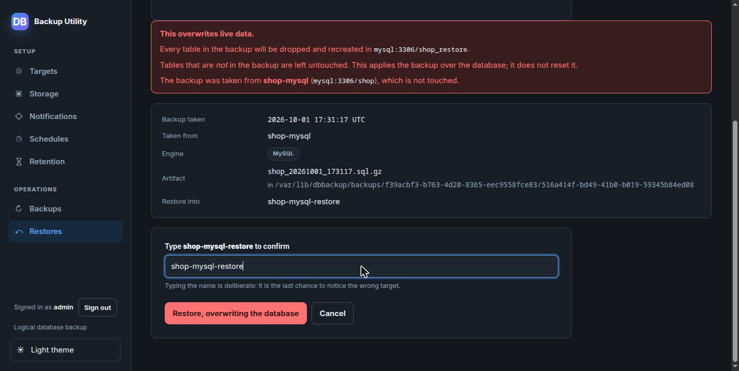 Trang xác nhận restore một backup MySQL vào target shop-mysql-restore, có hộp cảnh báo màu đỏ và ô yêu cầu gõ tên shop-mysql-restore để xác nhận