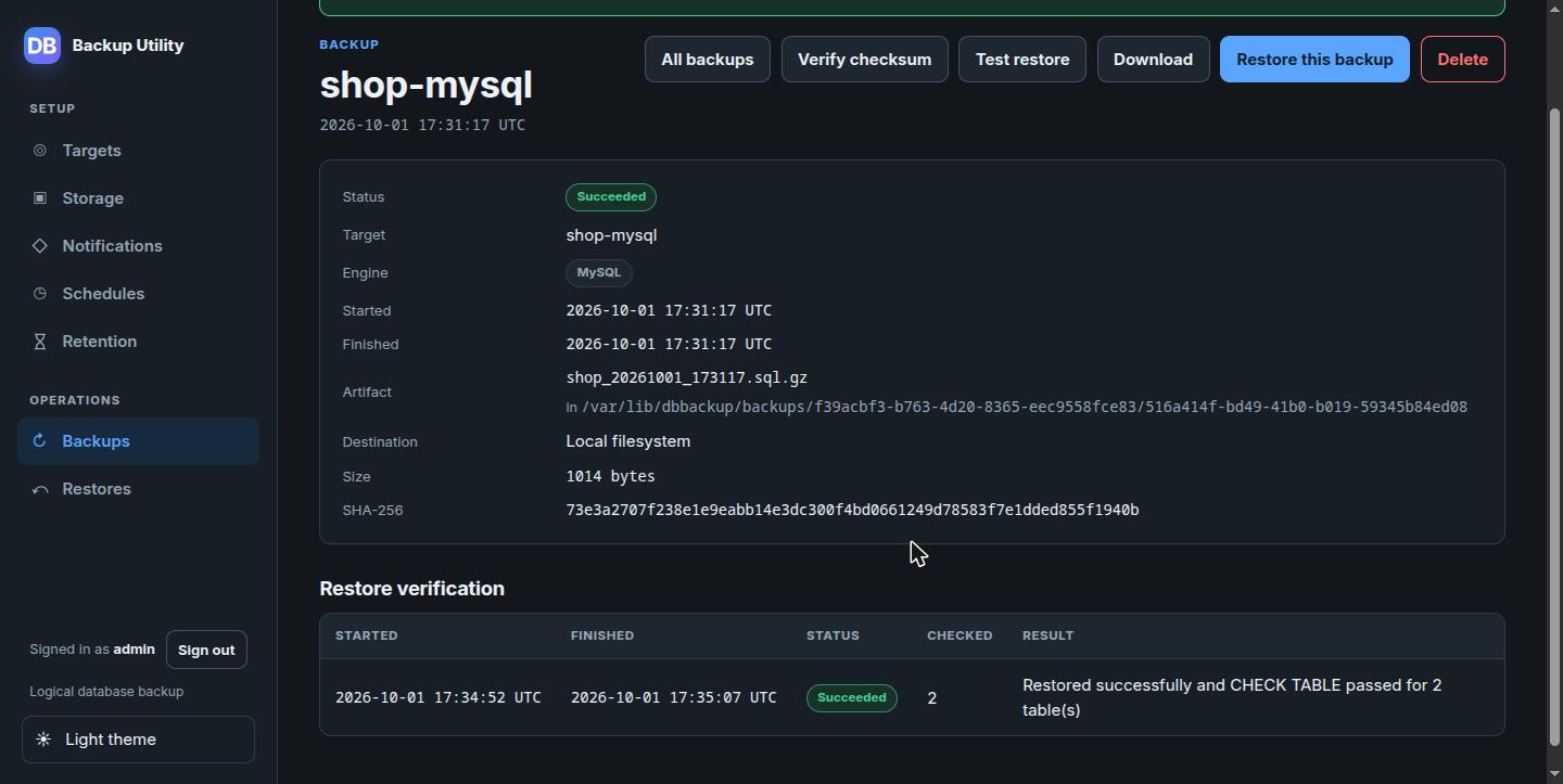 Trang chi tiết backup shop-mysql hiển thị SHA-256, các nút Verify checksum và Test restore, và bảng Restore verification với một lần chạy Succeeded, CHECK TABLE passed for 2 tables