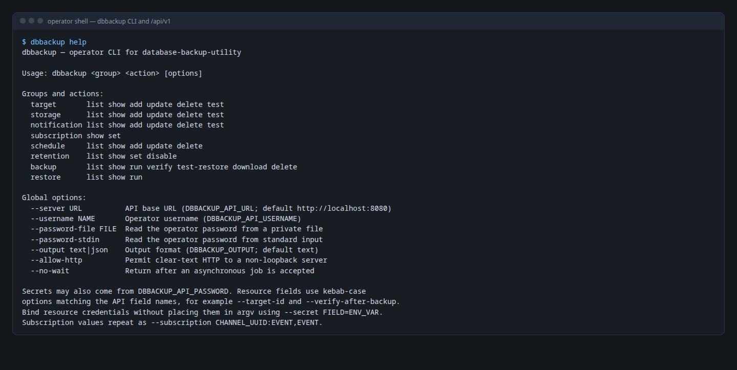 Terminal hiển thị dbbackup help: các nhóm target, storage, notification, subscription, schedule, retention, backup, restore; các option toàn cục như --server, --password-file, --password-stdin, --output text|json, --allow-http, --no-wait