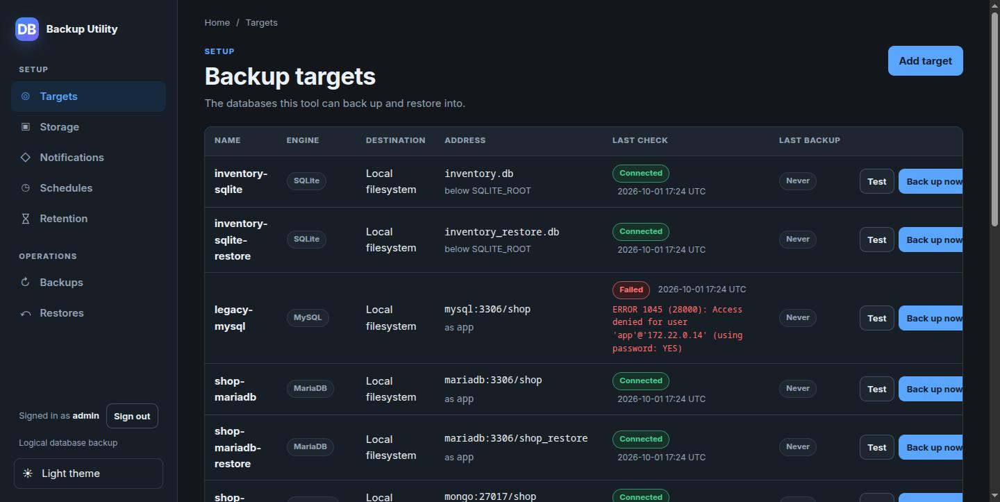 Trang Backup targets trong console, liệt kê target SQLite, MySQL, MariaDB; một target MySQL thất bại với thông báo ERROR 1045 Access denied nguyên văn