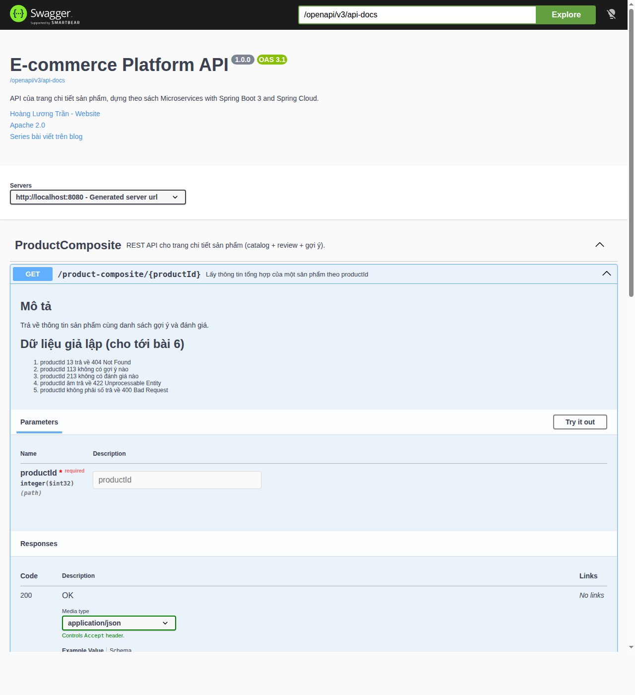 Trang Swagger UI hiển thị E-commerce Platform API phiên bản 1.0.0, với endpoint GET /product-composite/{productId}, phần mô tả bằng tiếng Việt và danh sách dữ liệu giả lập